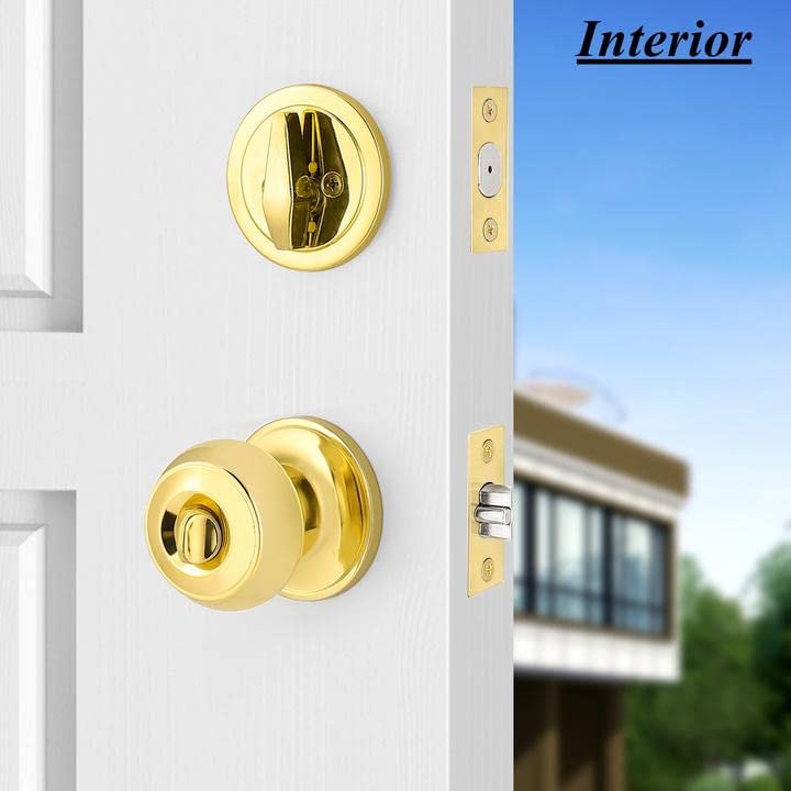 Probrico Polished Brass Entry Door Knob Lock Set and Single Cylinder Deadbolt Combination Set, Keyed Alike, 3 Pack - Image 4